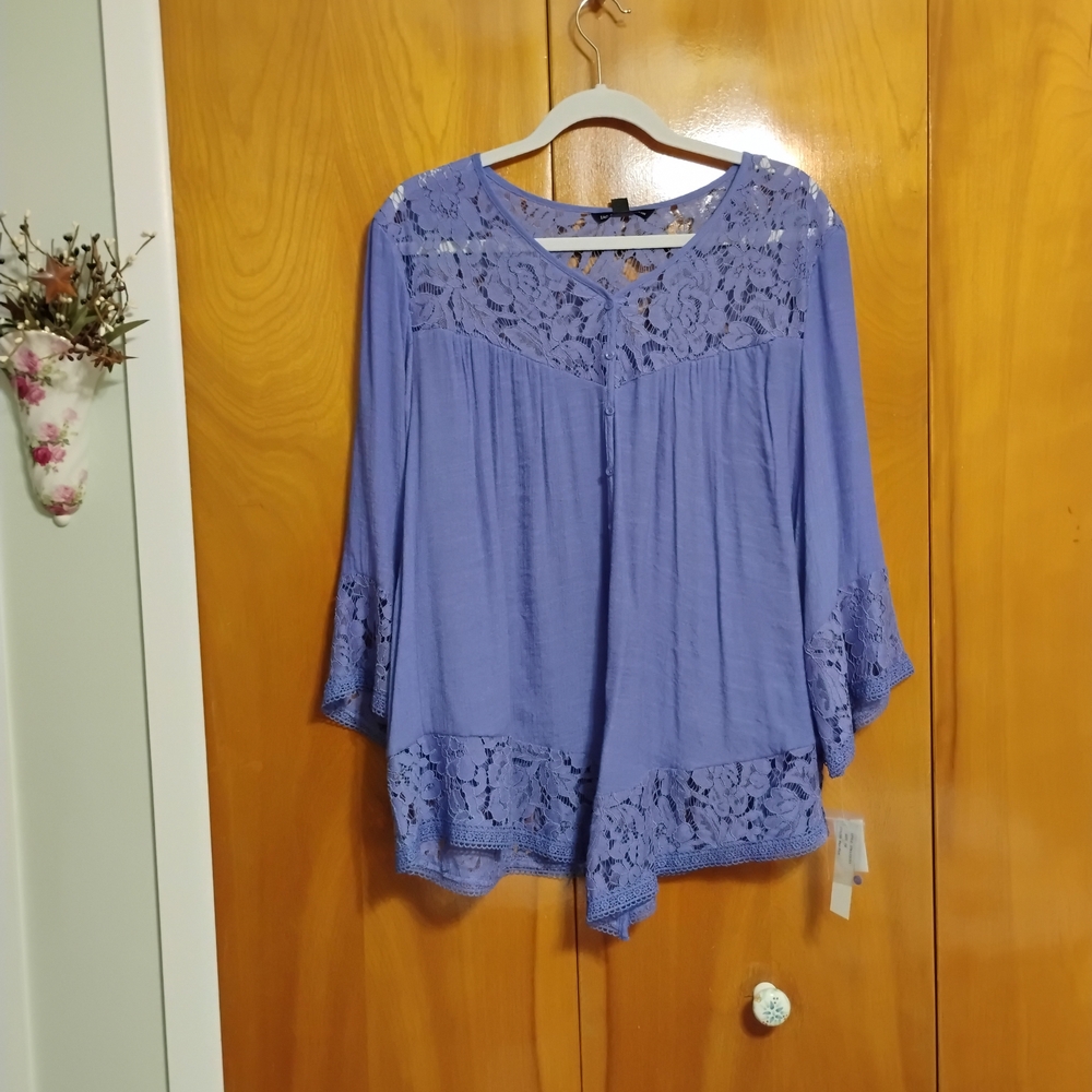 Zac & Rachel Boho Peasant Periwinkle Purple Blue Hue Blouse W/Lacey Details